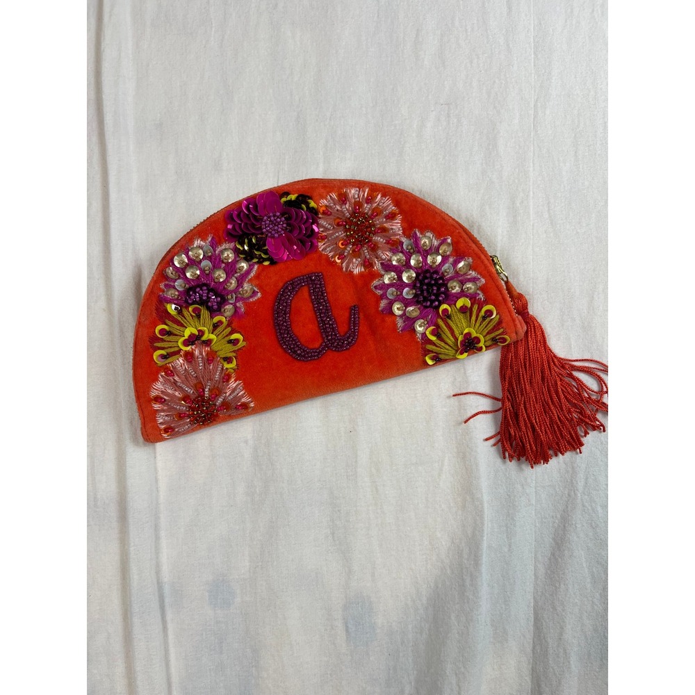 Anthropologie Anna Hartwell Beaded Floral Orange Velvet Tassel Clutch Letter A